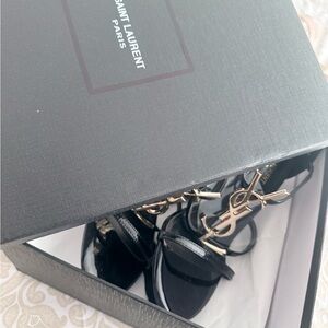 NEW NEW!!! Saint Laurent Black Patent Sandals with Gold YSL Accent